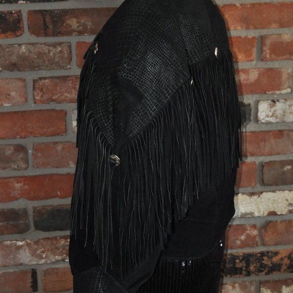 Vintage 80s Black Western Suede Leather With Fringe Jacket M - Picture 8 of 11